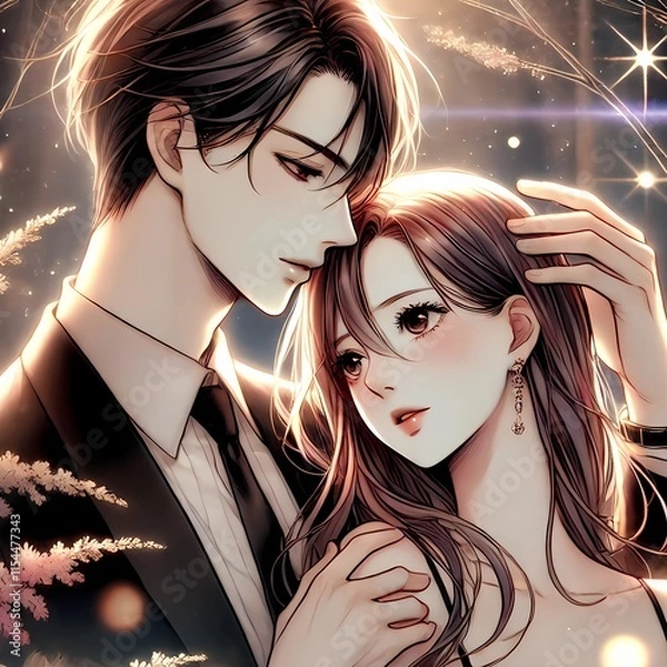Fototapeta Elegant Anime Couple, Romantic Hugging Artwork, Couple Dancing. Star And Rose Background, Woman In A Black Dress And Man In A Dark Suit, Soft Expressions. Generative AI