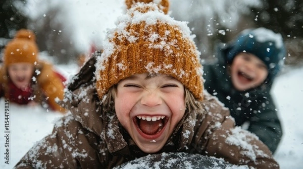 Fototapeta A snapshot of three kids expressing uncontainable joy as they dive into snow, encapsulating pure happiness and excitement within a dreamy winter landscape.