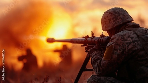 Fototapeta A group of soldiers in action, using heavy military artillery while engaging in combat during a dramatic fiery sunset, creating an intense battlefield atmosphere.
