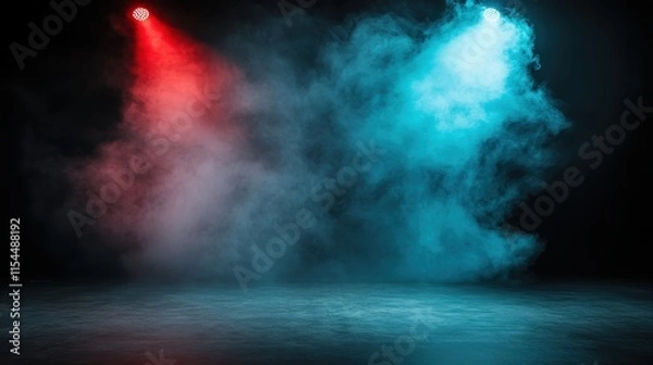 Fototapeta Red and blue stage lights cast ethereal smoky effects, creating a visually striking scene that evokes emotions of awe and wonder in this captivating image.