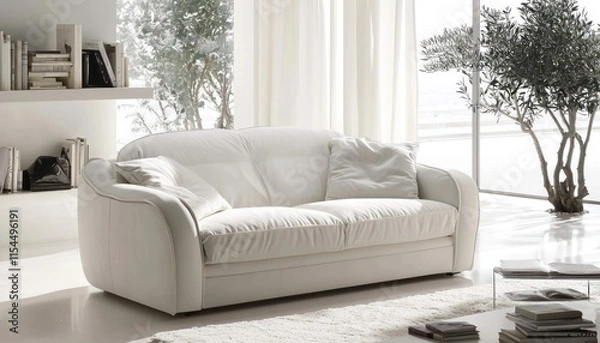 Fototapeta A convertible sofa bed in an elegant white living room setup, offering both relaxation and practicality.