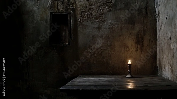 Fototapeta Eerie ambiance of a dimly lit room during a power outage, featuring a solitary flickering candle on a wooden table casting mysterious shadows on the walls