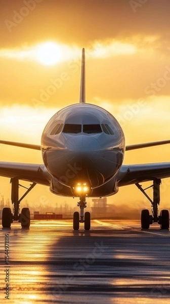 Fototapeta A jet airplane facing the camera during a sunset at the airport.