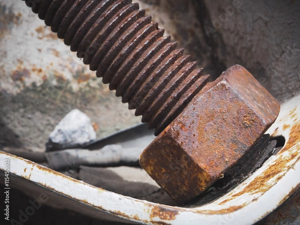 Fototapeta Rusty red nut and bolt, Selective focus and close up 