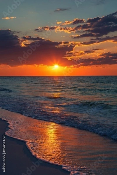 Obraz Serene sunset over a tranquil beach with gentle waves.