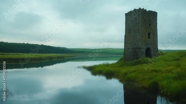 Fototapeta Serene Landscape with Ancient Tower by Calm River Under Overcast Sky