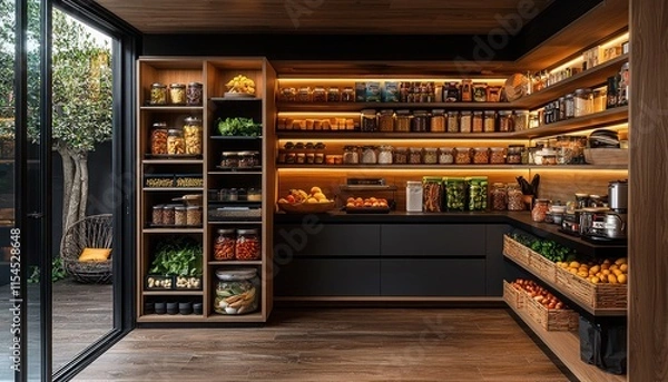 Fototapeta A sleek modern kitchen pantry featuring beautifully organized shelves with various food items, emphasizing both functionality and aesthetic appeal.
