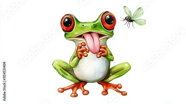 Fototapeta Cute Cartoon Frog with Dragonfly on Leaf Against White Background