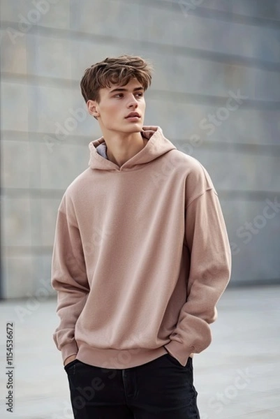 Fototapeta Young Man Wearing Casual Hoodie in Urban Setting with Soft Colors