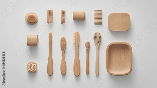 Fototapeta A flat lay image shows an assortment of wooden toiletry items on a white background. 