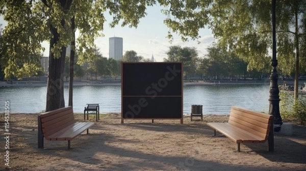 Fototapeta A park scene features two benches facing a large dark rectangular panel. Trees, a body of water, and a city skyline are visible in the background.