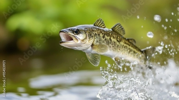 Fototapeta Largemouth Bass Jumping Out of Clear Water with Splash and Natural Background