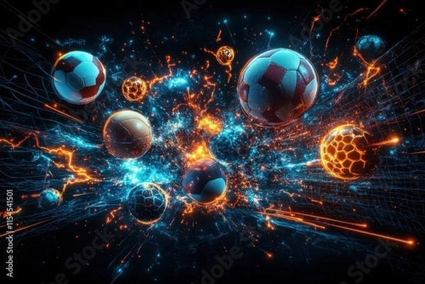 Fototapeta A colorful galaxy with many planets and a bright orange and blue ball