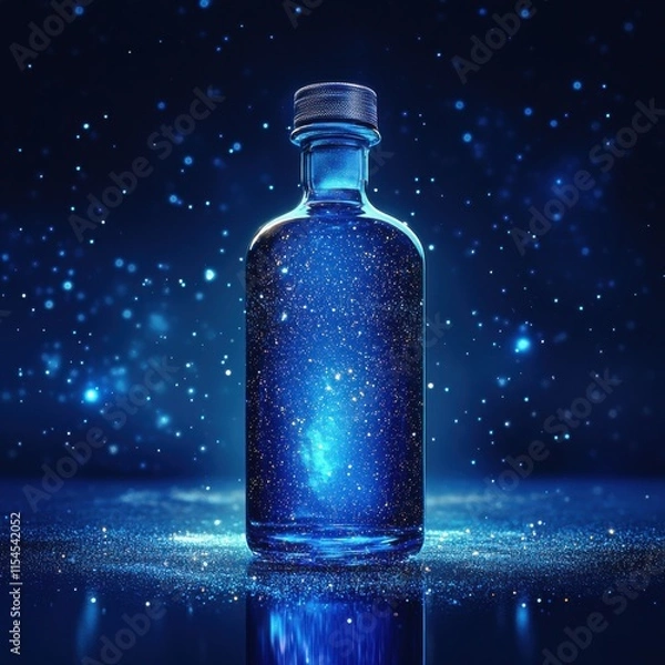 Fototapeta A bottle of blue liquid is on a table with a lot of glitter
