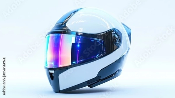 Obraz Futuristic motorcycle helmet with holographic visor, white backdrop, emphasizing cutting-edge technology and style --ar 16:9 --v 6.1 Job ID: d401bdf1-6622-41a1-a4c8-eabb5abc4e53