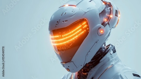 Obraz Glowing LED helmet with integrated lights, white background, futuristic and visually striking concept --ar 16:9 --v 6.1 Job ID: d96af818-a629-4598-939b-f7aaa3892313