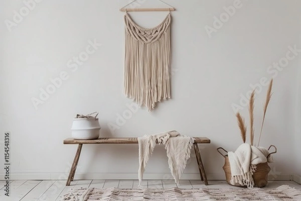 Obraz A minimalist interior featuring macramé wall art, a wooden bench, and cozy textiles.