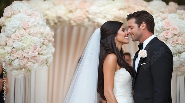 Obraz Bride and groom kiss at wedding ceremony.