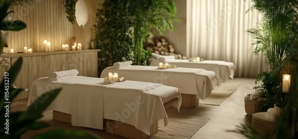 Fototapeta A serene spa room with massage tables, candles, and lush greenery for relaxation.
