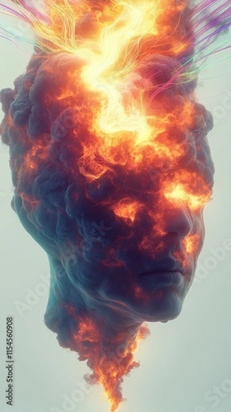 Fototapeta Surreal Human Face Eruption with Fiery Flame Elements Digital Art - Imaginative Concept of Mind Burnout Creativity and Energy Blending in Vibrant Colors