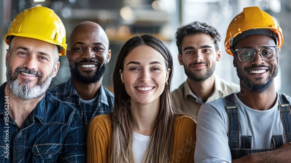 Fototapeta Diverse group of professionals smiling together in a modern workplace with safety helmets showcasing teamwork and collaboration in a construction environment