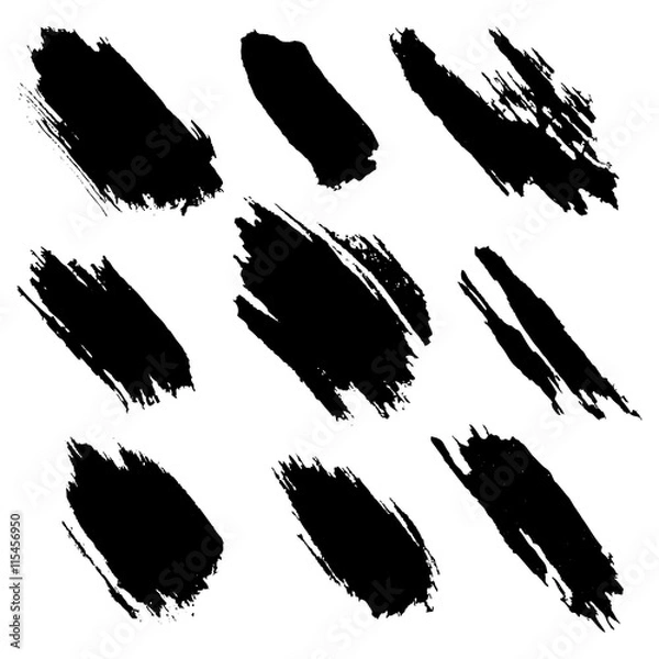 Fototapeta Vector set of black inc blots and brush strokes, isolated on the white background. Series of elements for design.