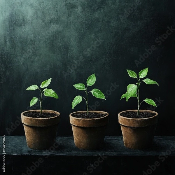 Fototapeta Three small plants are in three different sized pots