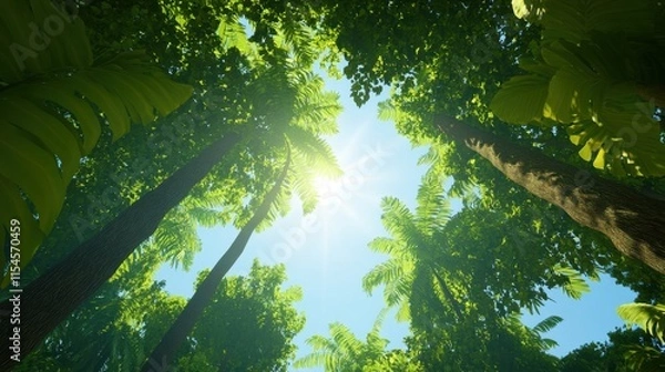 Fototapeta Lush Green Forest Canopy with Sunlight Filtering Through Leafy Branches