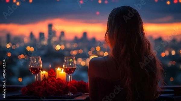 Obraz Woman enjoys romantic sunset dinner with city view.