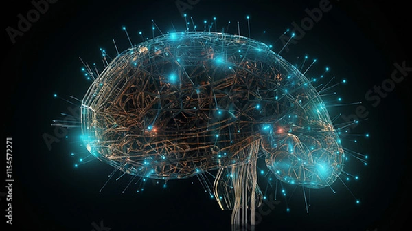 Fototapeta A digital rendering of a human brain, with glowing blue connection points