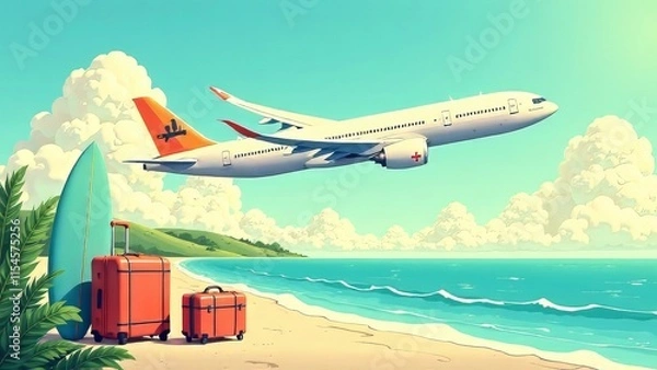 Obraz Airplane taking off with suits, surfboards, and slides.Vacation ,travel and tourist concept. 
