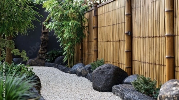 Fototapeta Bamboo fence surrounded by fine gravel and small ornamental rocks, emphasizing a zen-inspired aesthetic.