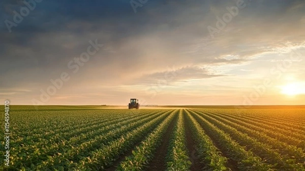 Obraz Tractor spraying soybean field in sunset.
