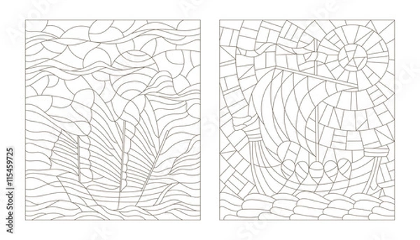 Fototapeta Set contour illustrations in the stained glass style, vintage boats on the background of sea and sky, the dark outline on a white background