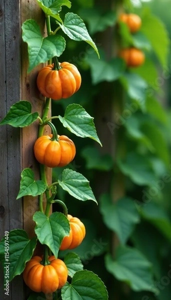 Obraz Delicate vines with small pumpkins and leaves climb up a wooden trellis, , vines