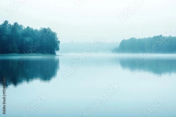 Obraz A serene misty lake surrounded by trees, reflecting a tranquil atmosphere.