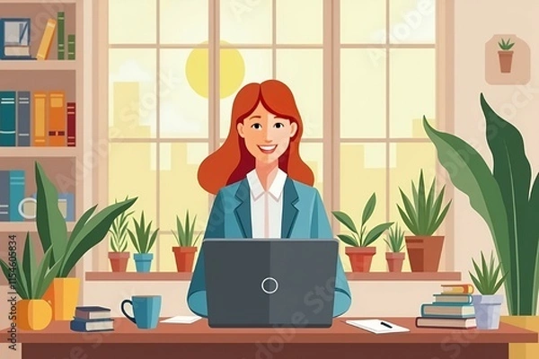 Fototapeta A professional sitting at a desk with a laptop, surrounded by houseplants, books, and a coffee cup. The background features a cozy home interior with a window showing a sunny day.
