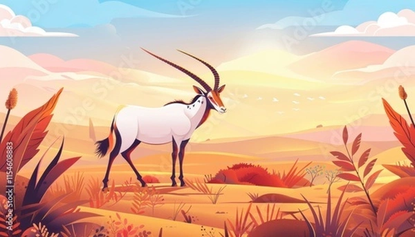 Fototapeta A stylized antelope stands in a vibrant, colorful desert landscape.