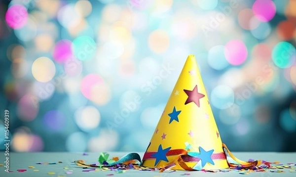 Fototapeta A yellow party hat with stars and ribbons sits on a table with confetti against a bokeh background.