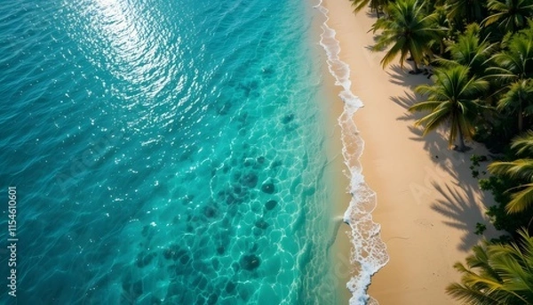 Fototapeta Tropical beach with palm trees during a sunny day . Ai Generated