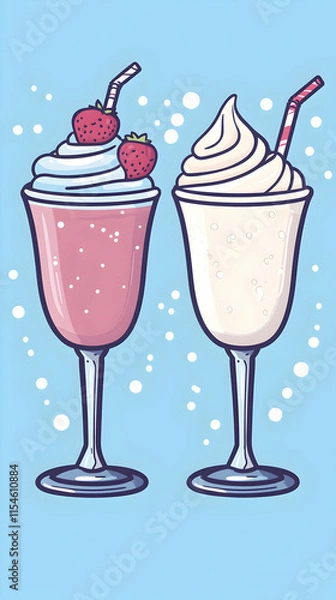 Fototapeta Strawberry & Vanilla Milkshakes, Whipped Cream, Straws, Light Blue Background, Menu Design.