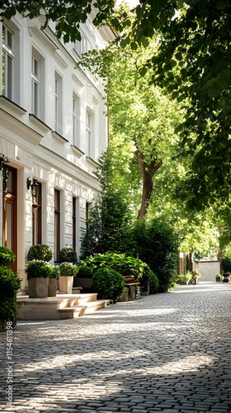 Obraz Sunny Berlin Street, Luxury Building, Cobblestone Path, Green Trees, Real Estate.