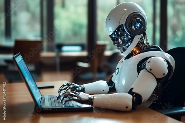 Fototapeta Robot working on laptop. Concept of artificial intelligence, future technology, and automation.