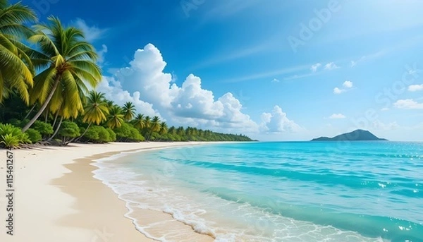 Fototapeta ropical beach with palm trees during a sunny day . Ai Generated