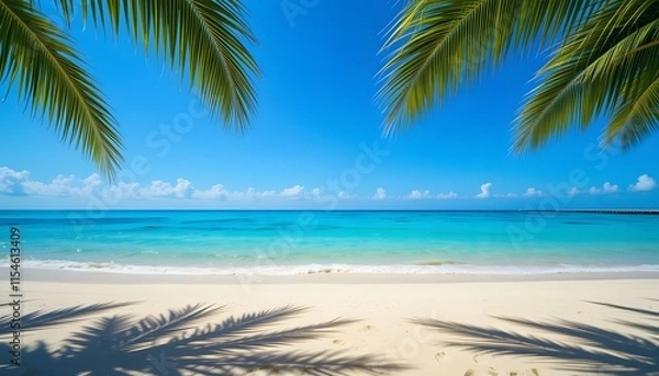 Fototapeta Tropical beach with palm trees during a sunny day . Ai Generated