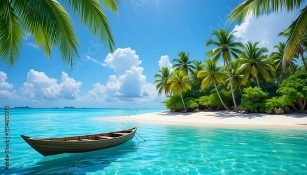 Fototapeta Tropical beach with palm trees during a sunny day . Ai Generated