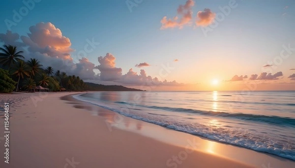 Fototapeta Sunset on the beach Beautiful tranquil scene of empty sand beach turquoise colored water and cloudy sky : Generative AI