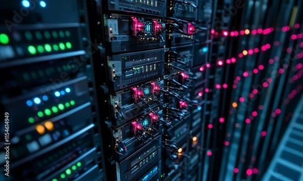 Obraz Close-up of a server rack with illuminated indicators and connected cables.