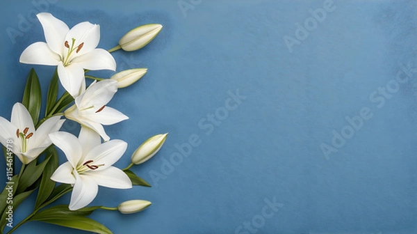 Obraz White lilies arranged on blue background, copy space, sympathy card design.