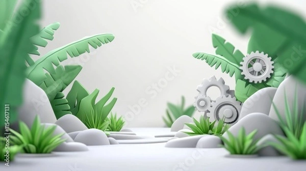 Fototapeta Lush green landscape with gears nature setting 3d animation tropical vibe calm environment creative concept